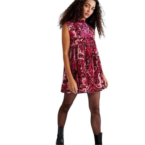 Free People NWOTS All The Time Pink Velvet Burn Out Paisley Babydoll Mini Dress - Picture 1 of 9